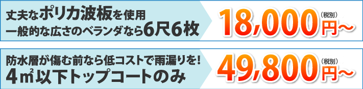 丈夫なポリカ波板を使用一般的な広さのベランダなら6尺6枚/防水層が傷む前なら低コストで雨漏りを!4㎡以下トップコートのみ