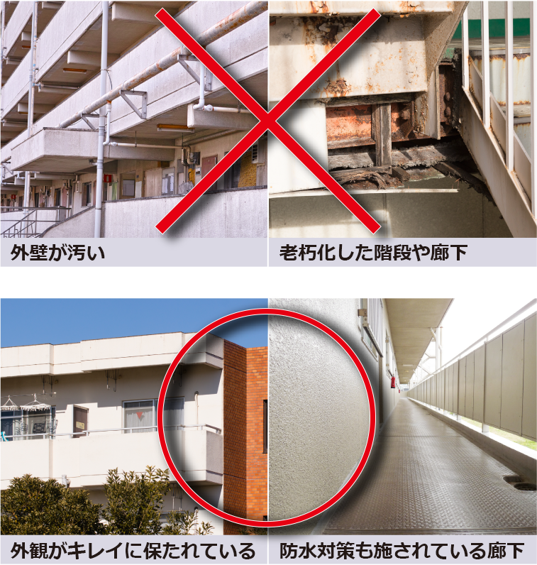 外壁が汚い 老朽化した階段や廊下 外観がキレイに保たれている 防水対策も施されている廊下
