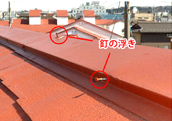 棟板金を固定している釘にも浮きが出ていました。これでは次の強風時が心配です(右写真)。