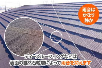 ディーズルーフィングなどは
表面の自然石粒層によって雨音を抑えます