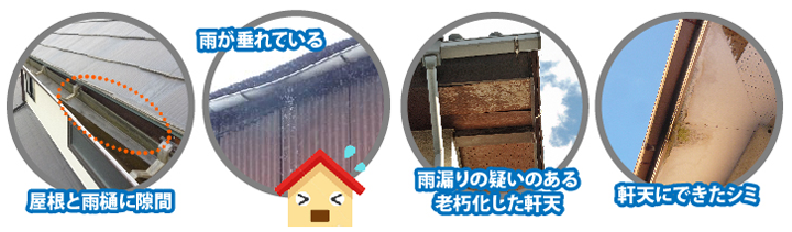 屋根と雨樋に隙間、雨が垂れている、雨漏りの疑いのある老朽化した軒天、軒天にできたシミ