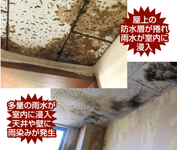 屋上の防水層が捲れ雨水が室内に浸入 多量の雨水が室内に浸入天井や壁に雨染みが発生