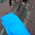 ブルーシートと土のうを屋根にあげて水が染み入りそうなところへカバーします