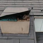 高基礎で3階建ての建物の破損した屋根を調査