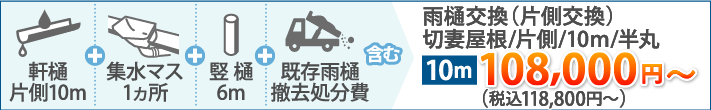 雨樋交換（片側交換）切妻屋根/片側/10m/半丸税込118,800円〜