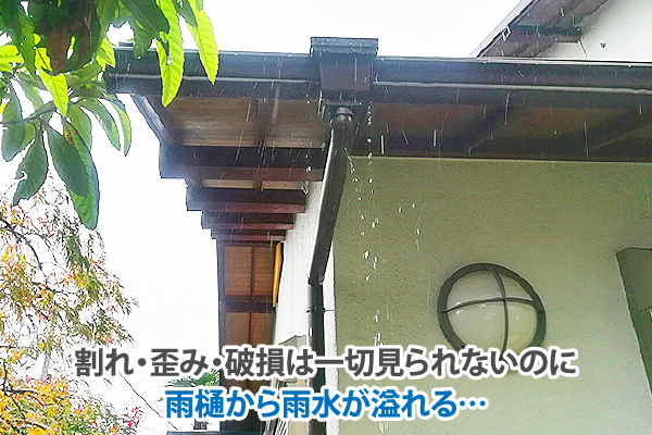  割れ・歪み・破損は一切見られないのに雨樋から雨水が溢れる...