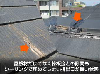 屋根材だけでなく棟板金との隙間もシーリングで埋めてしまい排出口が無い状態