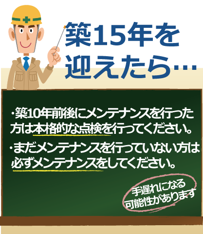 築15年を迎えたら…築10年前後にメンテナンスを行った方は本格的な点検を行ってください。まだメンテナンスを行っていない方は必ずメンテナンスをしてください。