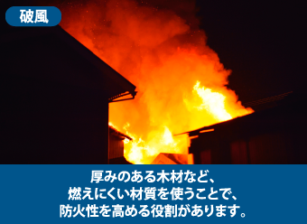 厚みのある木材など、燃えにくい材質を使うことで、防火性を高める役割があります。