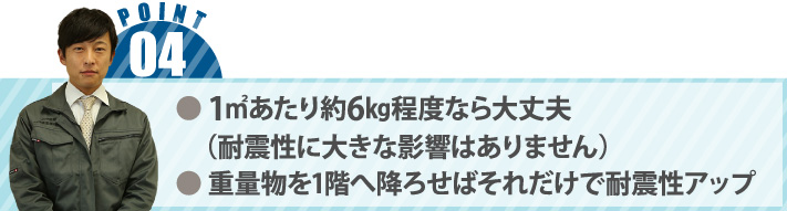 ● 1㎡あたり約6㎏程度なら大丈夫（耐震性に大きな影響はありません）● 重量物を1階へ降ろせばそれだけで耐震性アップ