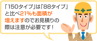 「150タイプ」は「88タイプ」と比べ21％も面積が増えますのでお見積りの際は注意が必要です！