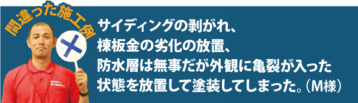 サイディングの剥がれ、棟板金の劣化の放置、防水層は無事だが外観に亀裂が入った状態を放置して塗装してしまった。