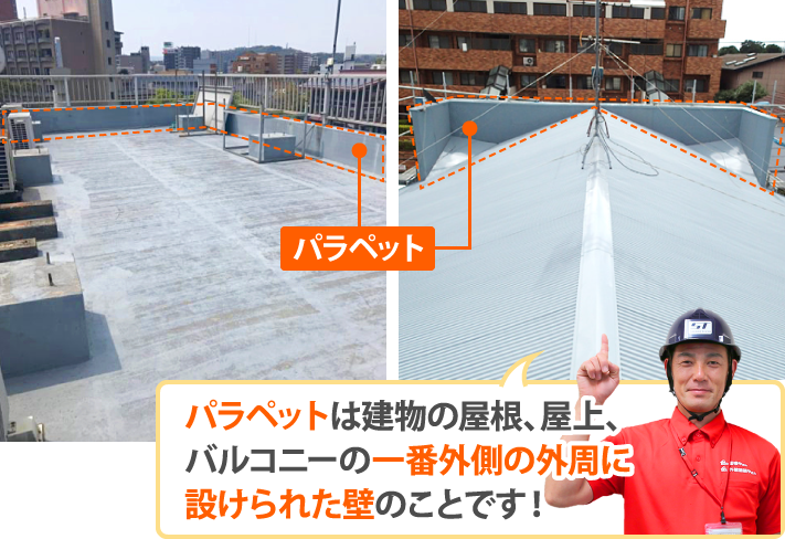 パラペットは建物の屋根、屋上、バルコニーの一番外側の外周に設けられた壁のことです！