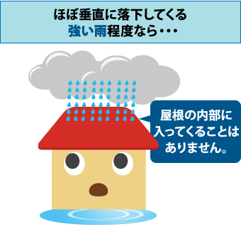 ほぼ垂直に落下してくる強い雨程度なら屋根の内部に入ってくることはありません。