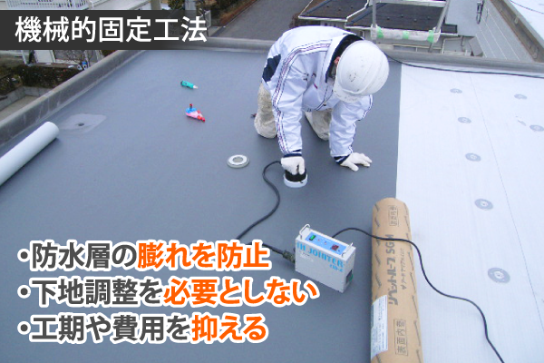 機械的固定工法・防水層の膨れを防止・下地調整を必要としない・工期や費用を抑える