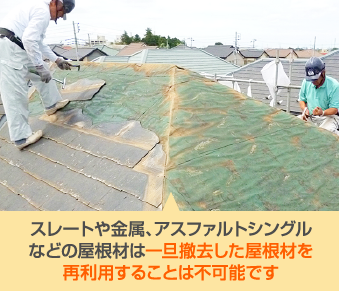 スレートや金属、アスファルトシングルなどの屋根材は一旦撤去した屋根材を再利用することは不可能です
