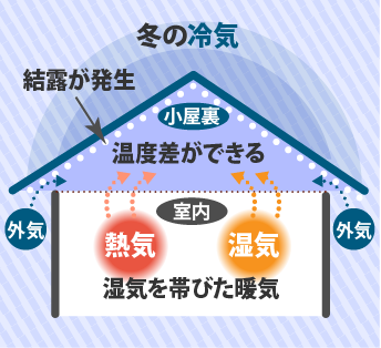 冬の冷気で結露が発生、室内の熱気と湿気を帯びた暖気が空気の流れで上へ小屋裏では温度差ができる