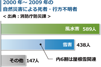 2000年～2009年の自然災害による死者・行方不明者 風水害589人 雪害 438人 その他 147人