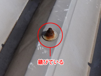 横浜市青葉区　折半屋根の塗装　点検の様子　ボルトが錆びている