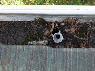 横浜市保土ケ谷区　屋根点検　軒樋に土が溜まっている