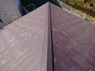まずは見回してみると、スレート屋根材の重なる部分である、小口が雨水を吸って変色しており苔などの汚れも確認できました。長年塗装しない影響が出ています