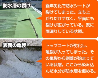 経年劣化により防水層の裂け・表面の亀裂が生じます