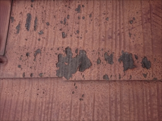 塗膜が剥がれている所が多く、ぺりぺりめくれている所は総じて水を吸ってしまい黒く変色してしまっています