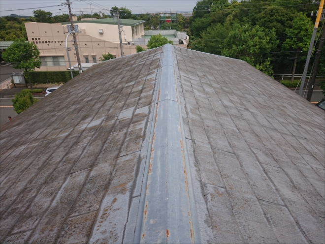 ぎりぎりスレート屋根の使用が許される3寸勾配の屋根。雨水が屋根全体に染み入っています