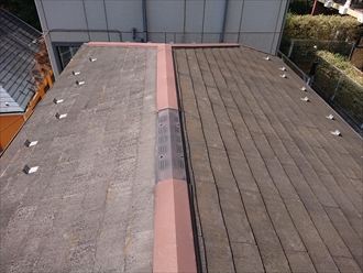 換気棟も設置されている勾配が緩いスレート屋根の様子。塗装をしていないので、水はけが悪くなり表面に多く苔やカビが発生しています