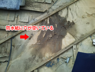 秦野市名古木　谷板金の防水紙が穴が空いている