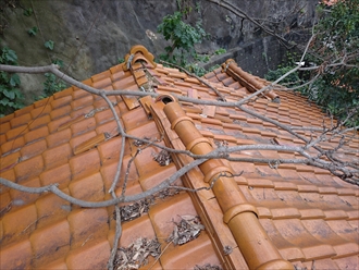 枝に棟を破壊されてしまった瓦屋根
