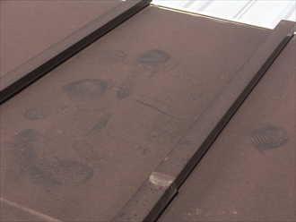 大和市西鶴間で瓦棒葺き板金屋根の点検、板金表面のチョーキングと釘抜けが発生しておりました