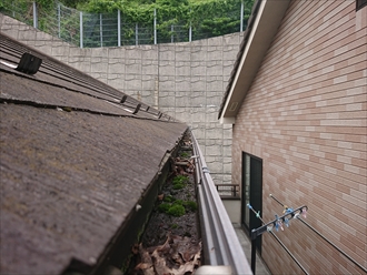 雨樋内に落ち葉等のゴミが溜まり雨水が流れなくなっている