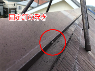 棟板金の側面に見られる固定釘の浮き