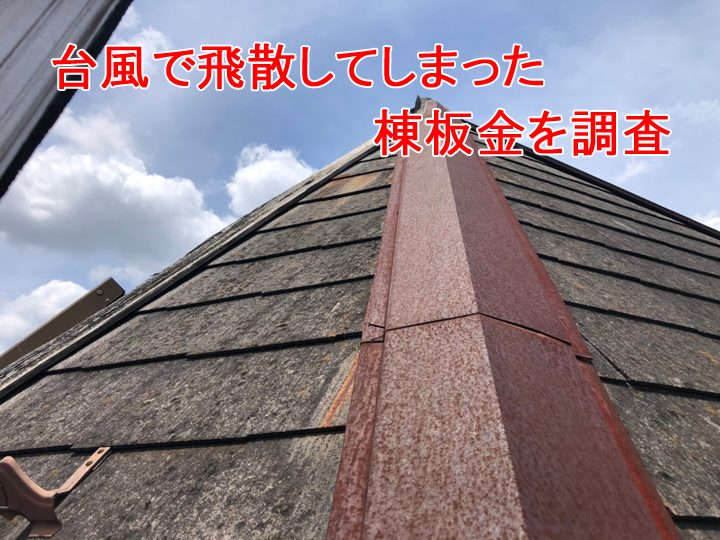 台風で飛散してしまった棟板金を調査