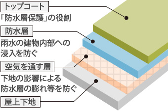 トップコート・防水層・空気を通す層・屋上下地