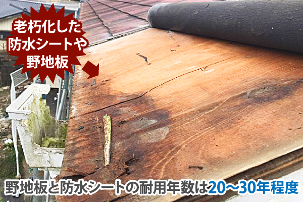 野地板と防水シートの耐用年数は20~30年程度