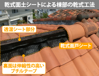 乾式面土シートによる棟部の乾式工法