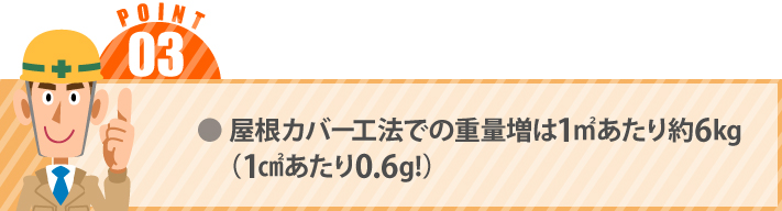 ● 屋根カバー工法での重量増は1㎡あたり約6kg（1㎠あたり0.6g!）