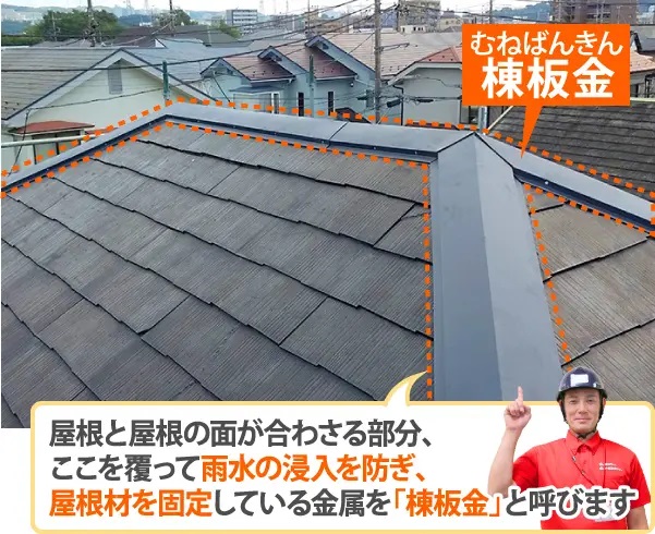 屋根と屋根の面が合わさる部分、ここを覆って雨水の侵入を防ぎ、屋根材を固定している金属を「棟板金」と呼びます