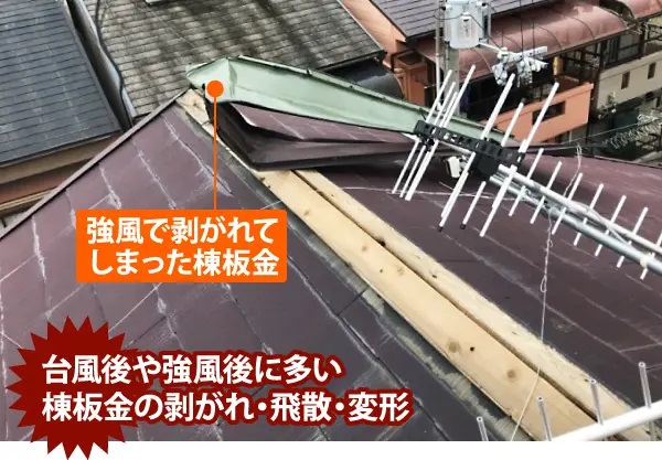 台風小屋強風後に多い棟板金の剥がれ・飛散・変形