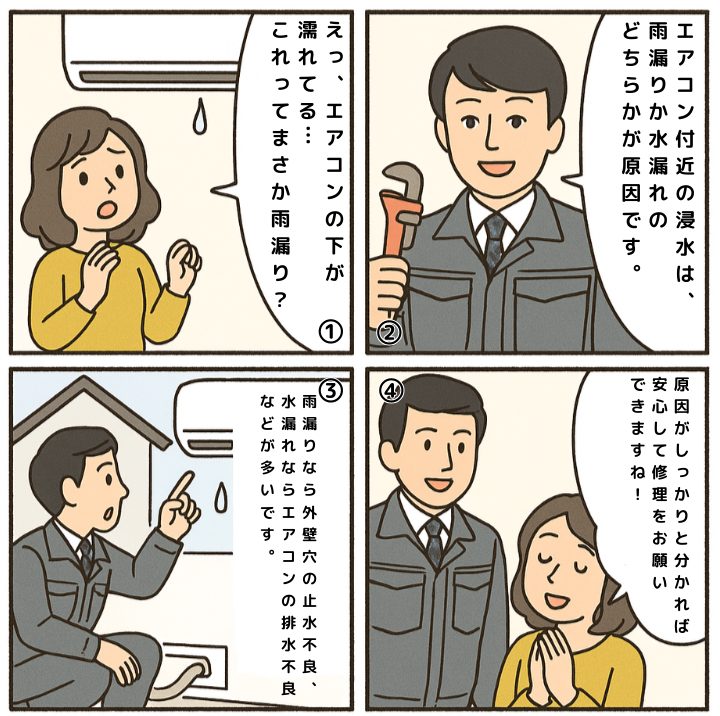 エアコンからの浸水原因を説明する4コマ漫画