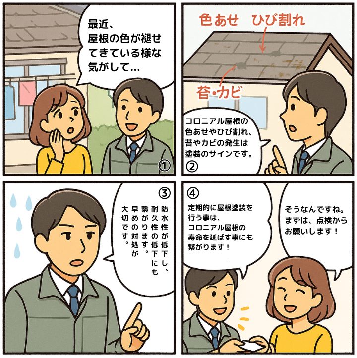 コロニアル屋根の塗装メンテナンスについて解説する4コマ漫画