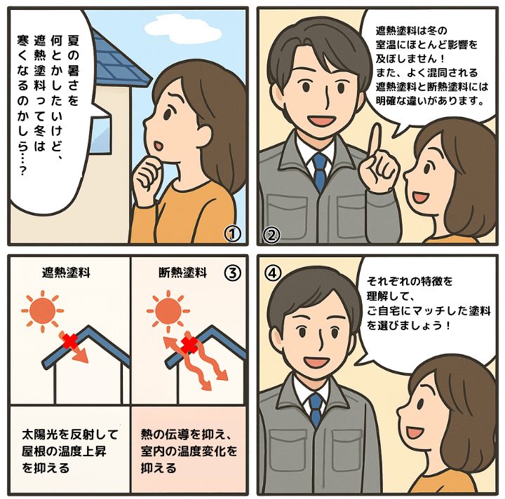 遮熱塗料と断熱塗料について解説している4コマ漫画