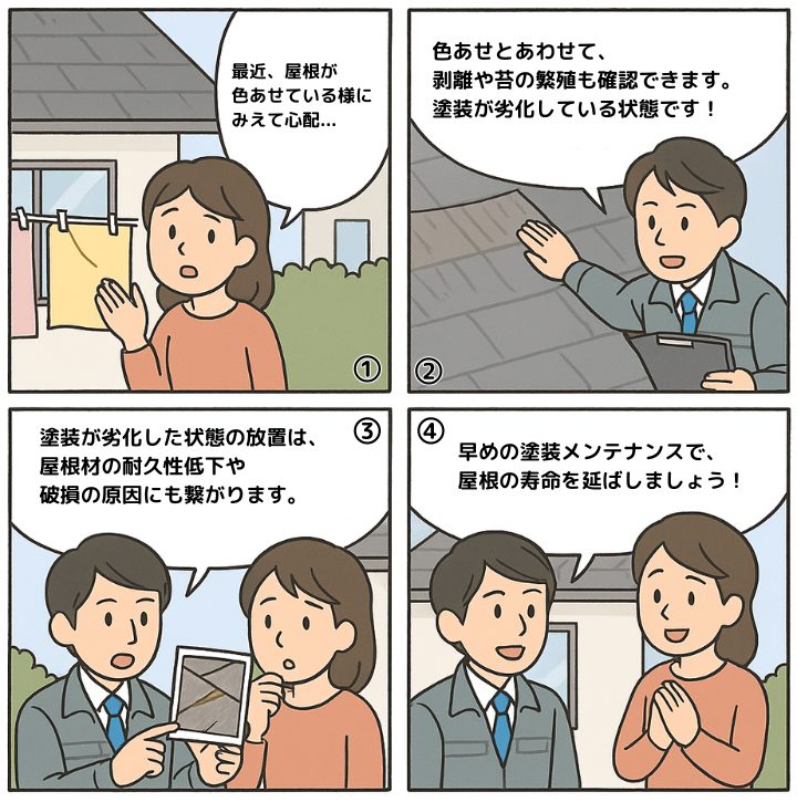スレート屋根の塗膜の劣化について解説する4コマ漫画