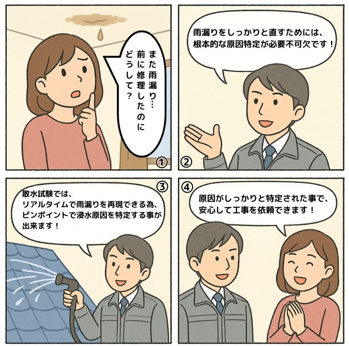 散水調査について解説する4コマ漫画