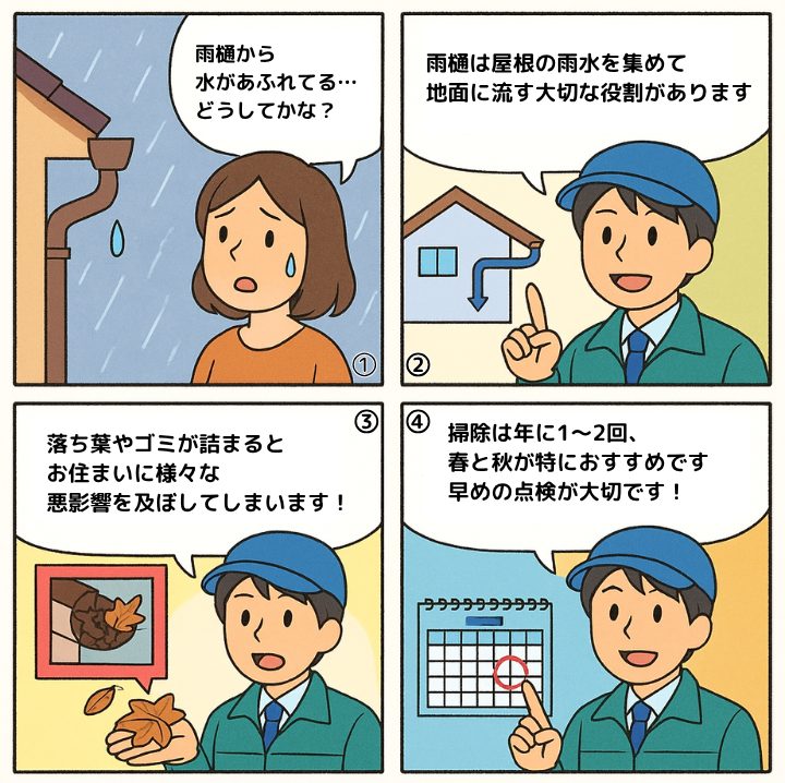 雨樋の詰まりについて解説する4コマ漫画