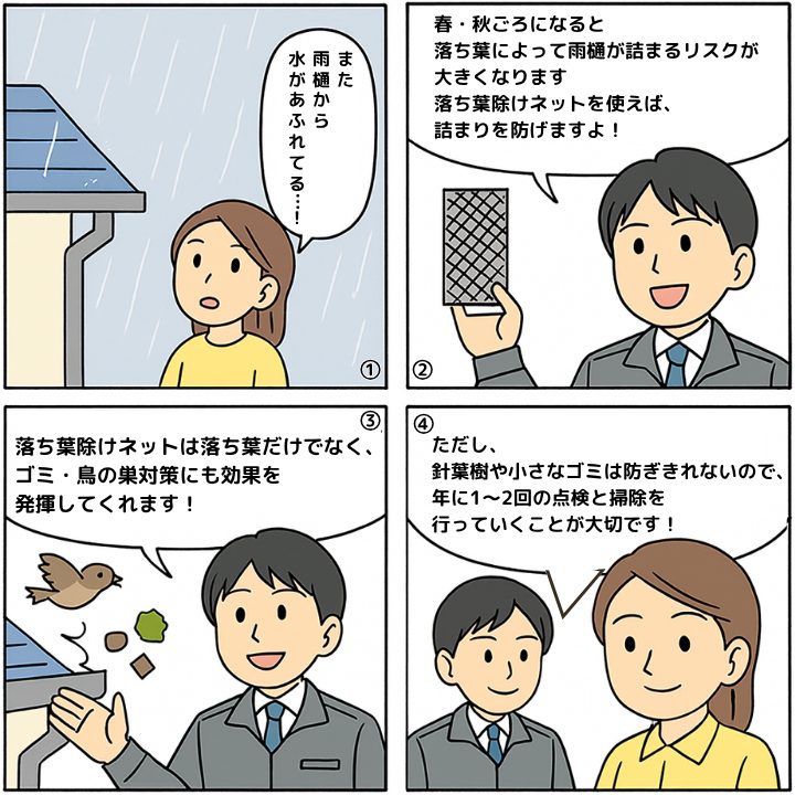 落ち葉除けネットについて解説する4コマ漫画