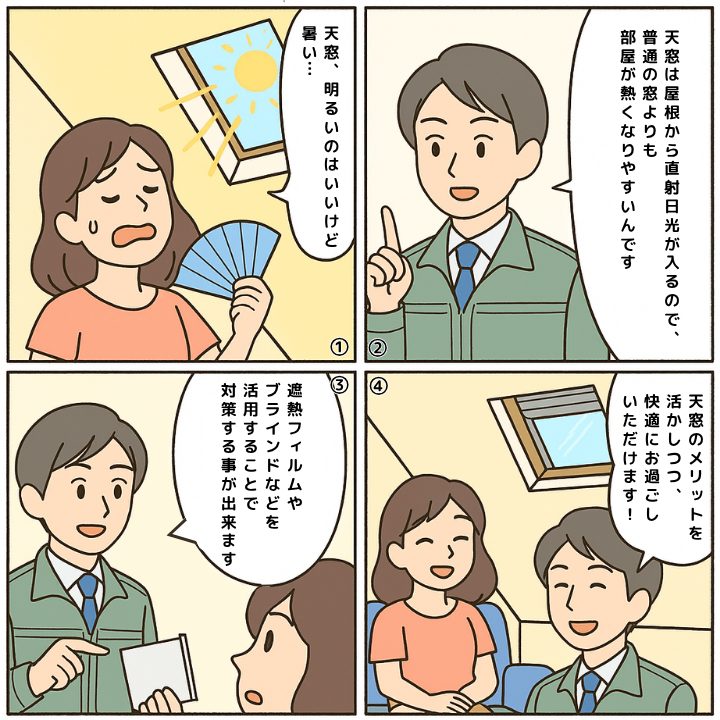 天窓の暑さ対策について解説する4コマ漫画