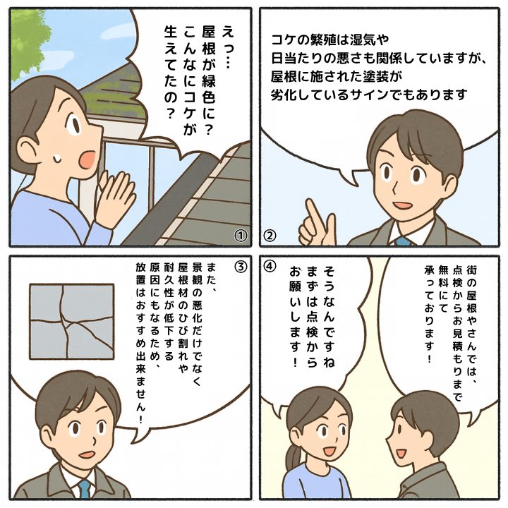 屋根に繁殖した苔について解説する4コマ漫画